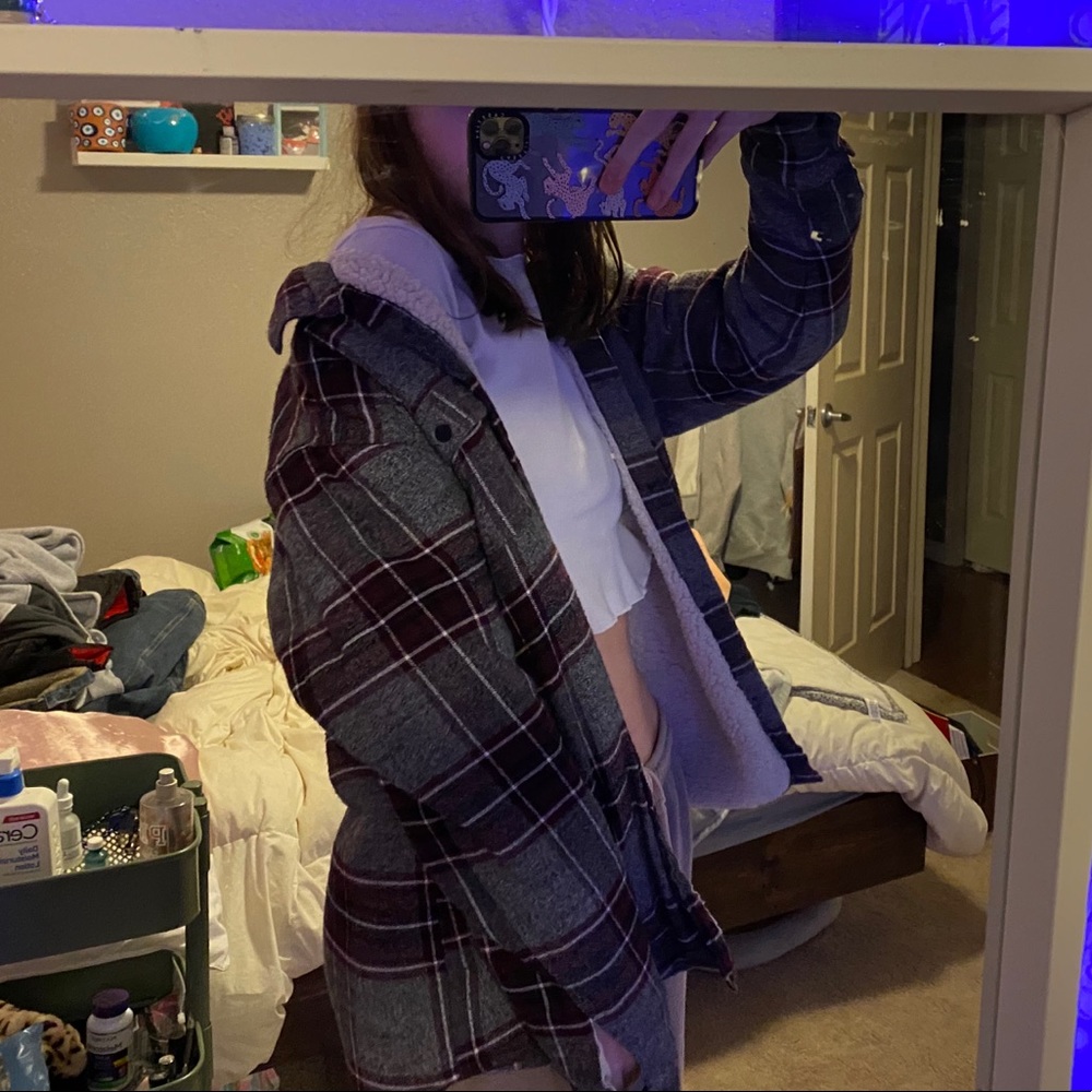 red & grey plaid fuzzy flannel